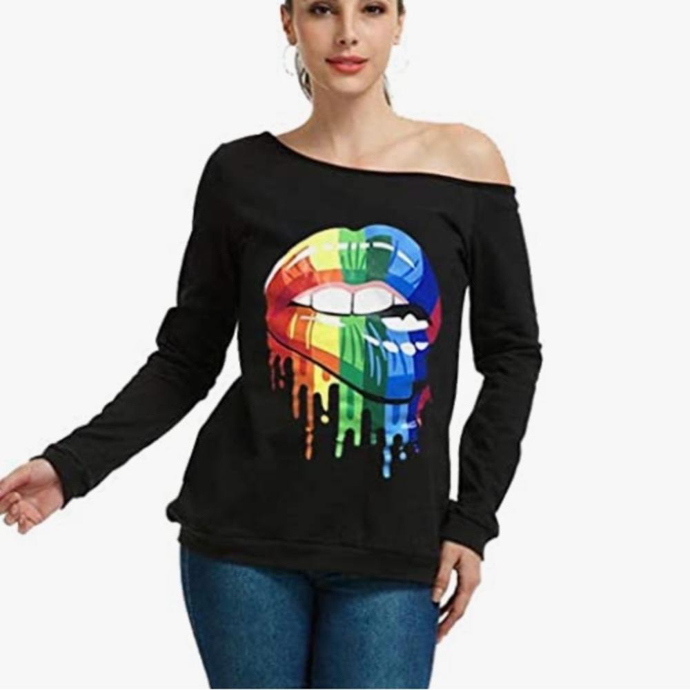 New MAGICMK Sweatershirt Lips Print Causal Blouse Off The Shoulder Long Slee…